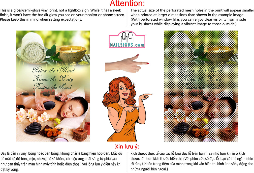 Spa 38 Perforated Mesh One Way Vision See-Through Window Vinyl Salon Sign Vertical