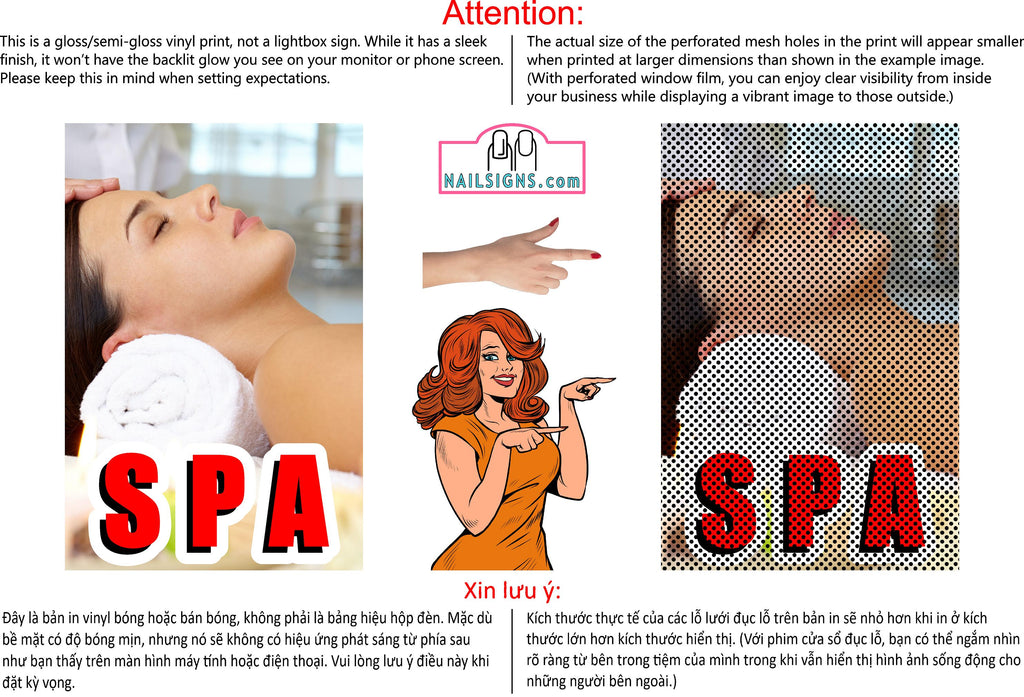 Spa 04 Perforated Mesh One Way Vision See-Through Window Vinyl Nail Salon Sign Vertical