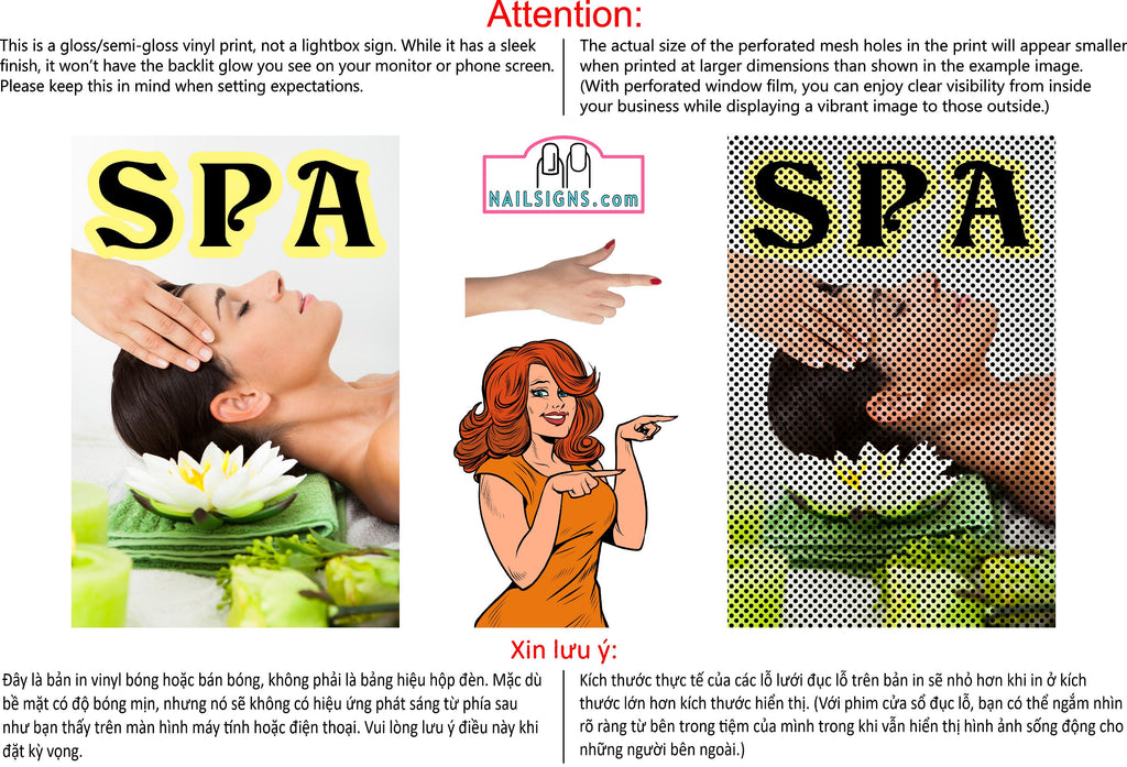 Spa 06 Perforated Mesh One Way Vision See-Through Window Vinyl Salon Sign Vertical