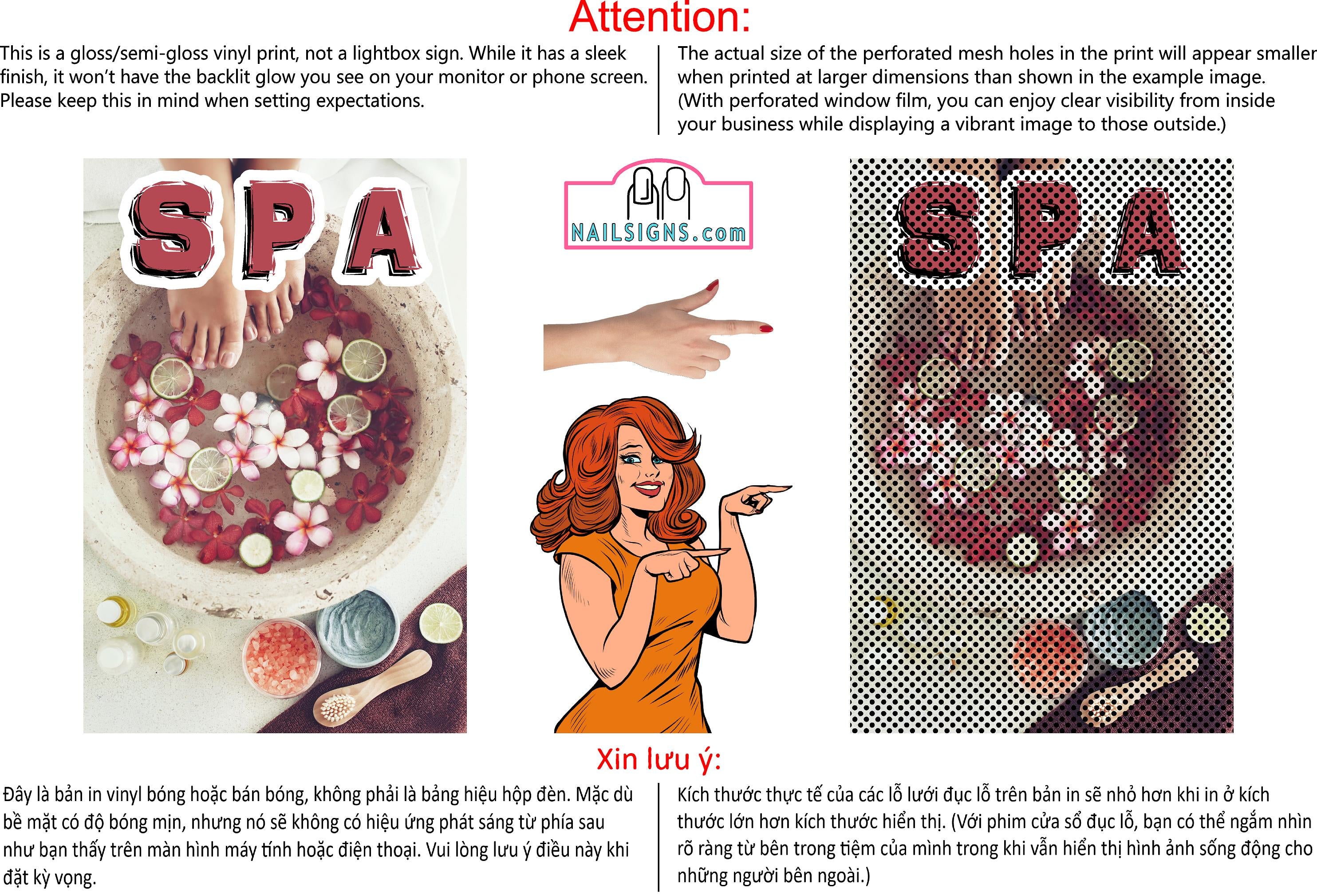 Spa 07 Perforated Mesh One Way Vision See-Through Window Vinyl Salon Sign Vertical