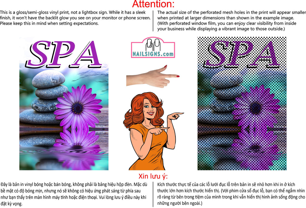 Spa 01 Perforated Mesh One Way Vision See-Through Window Vinyl Nail Salon Sign Vertical