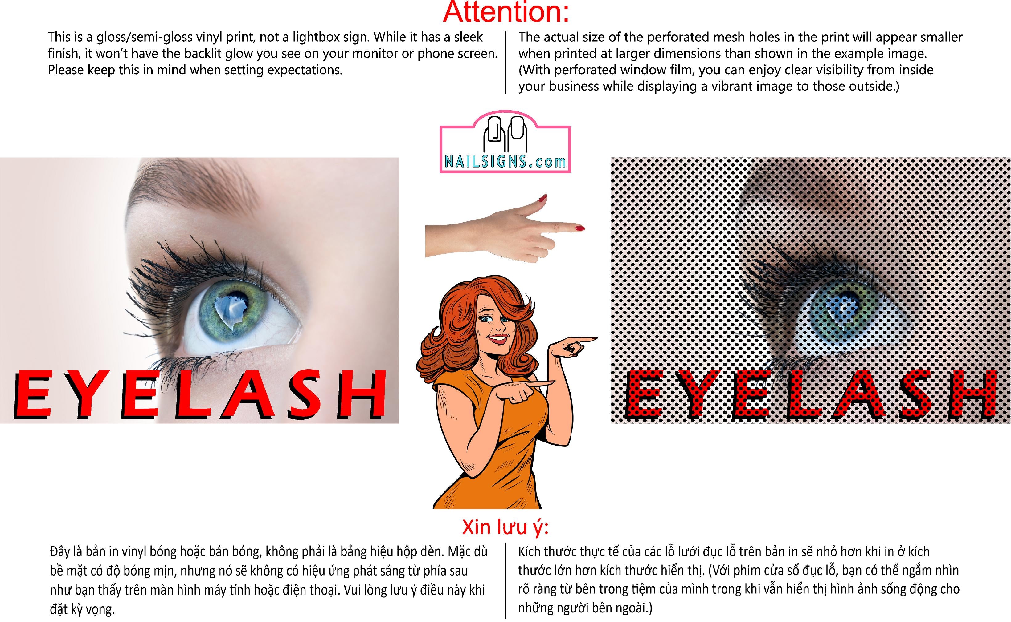 Eyelash 02 Perforated Mesh One Way Vision See-Through Window Vinyl Salon Sign Extension Horizontal