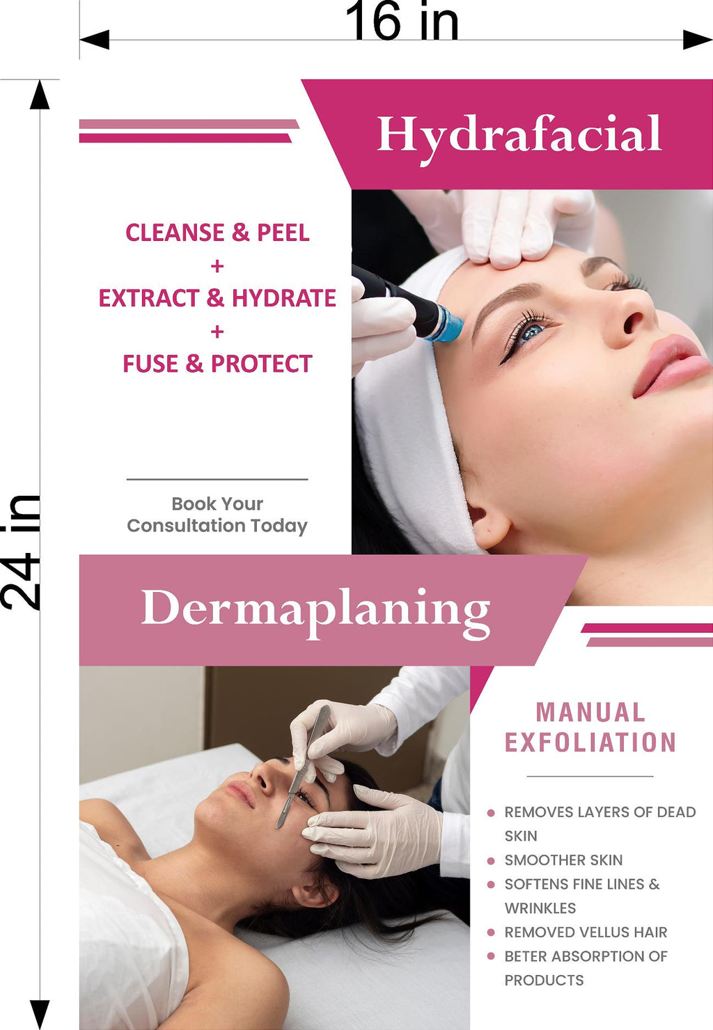 Facial 12 Photo-Realistic Paper Poster Interior Inside Wall Non-Laminated Hydrafacial Dermaplaning Vertical