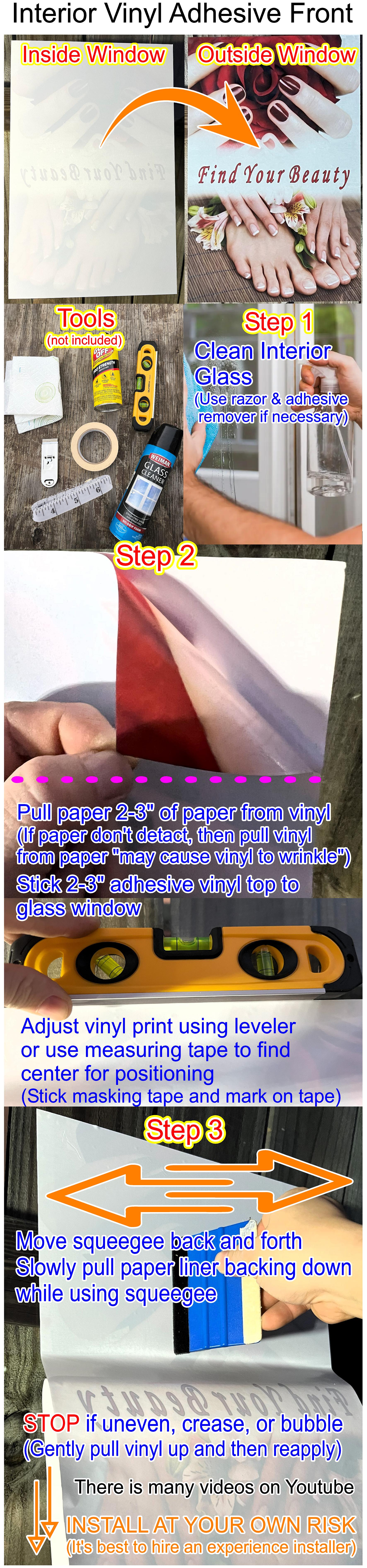 Nails 14 Window Decal Interior/Exterior Vinyl Adhesive Front BLOCKS Outside Inside View Translucent Privacy Horizontal