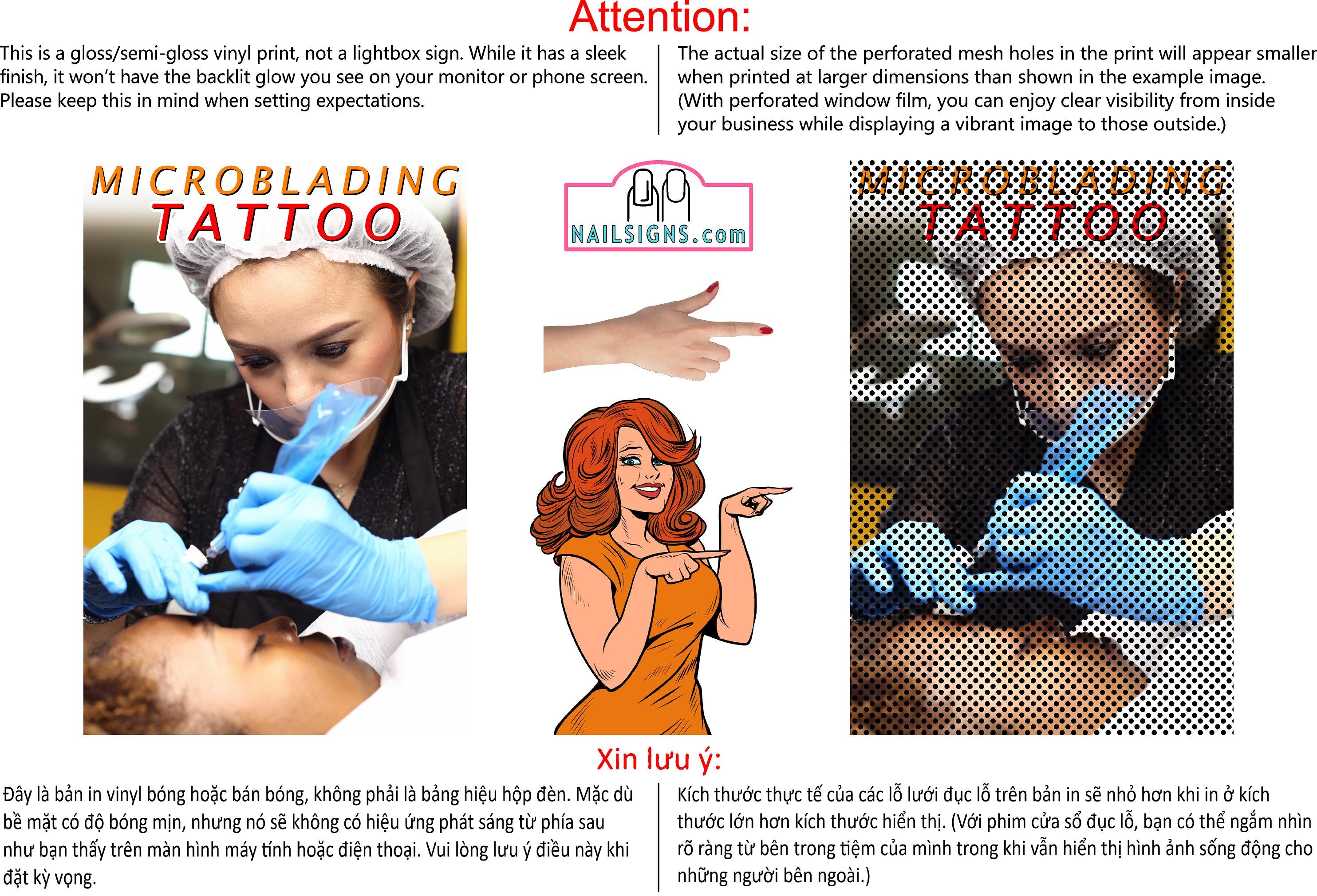 Microblading 02 Perforated Mesh One Way Vision See-Through Window Vinyl Salon Sign Tattoo Vertical