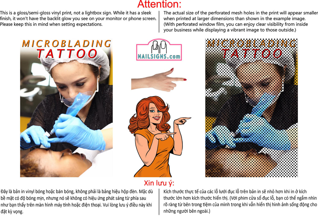 Microblading 02 Perforated Mesh One Way Vision See-Through Window Vinyl Salon Sign Tattoo Vertical
