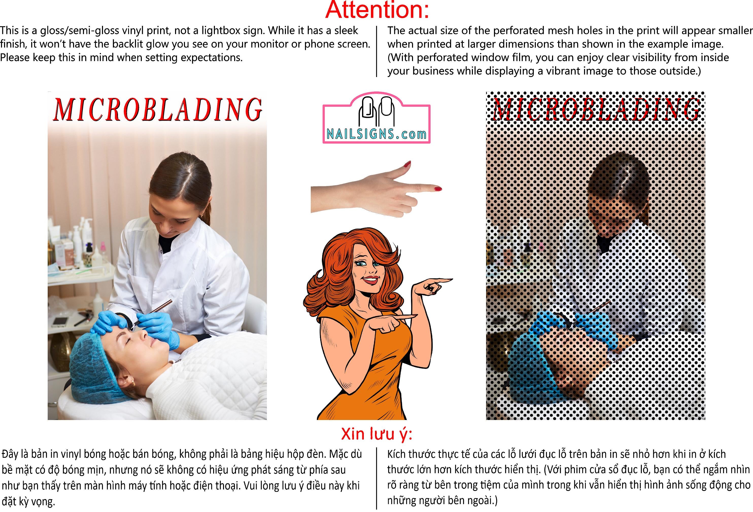 Microblading 01 Perforated Mesh One Way Vision See-Through Window Vinyl Salon Sign Eyebrows Vertical