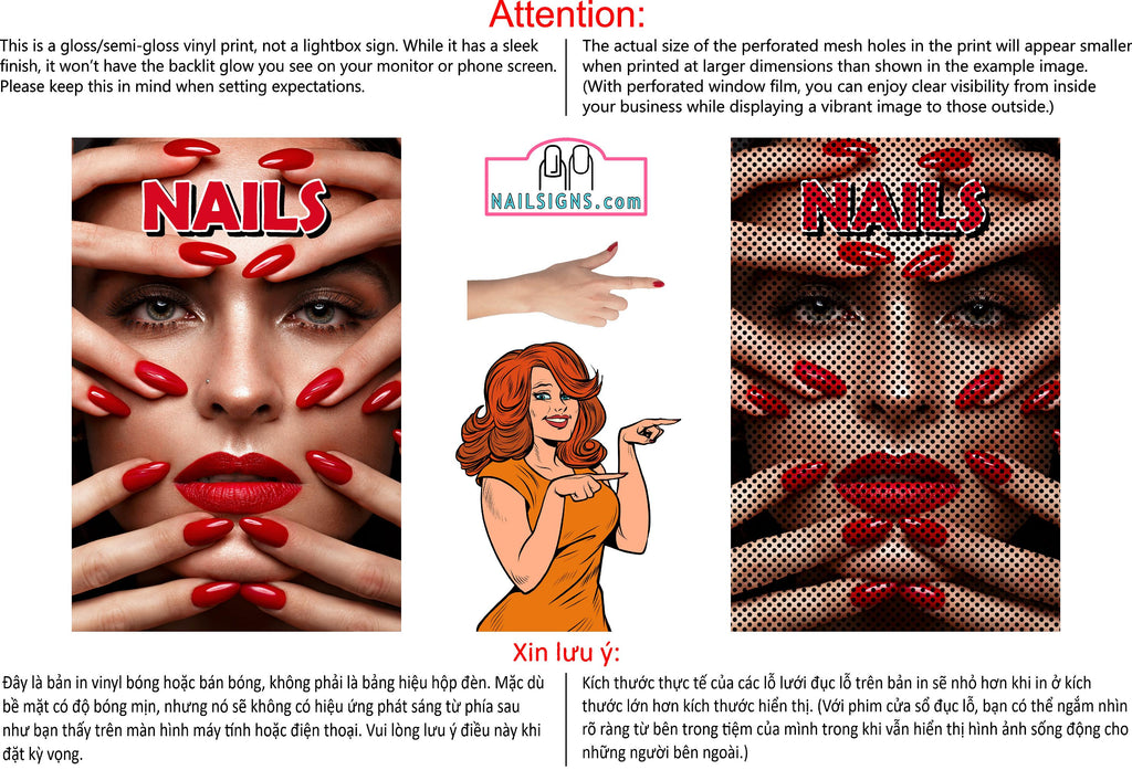 Nails 10 Perforated Mesh One Way Vision See-Through Window Vinyl Salon Sign Vertical
