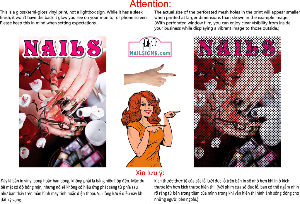 Nails 11 Perforated Mesh One Way Vision See-Through Window Vinyl Salon Sign Vertical