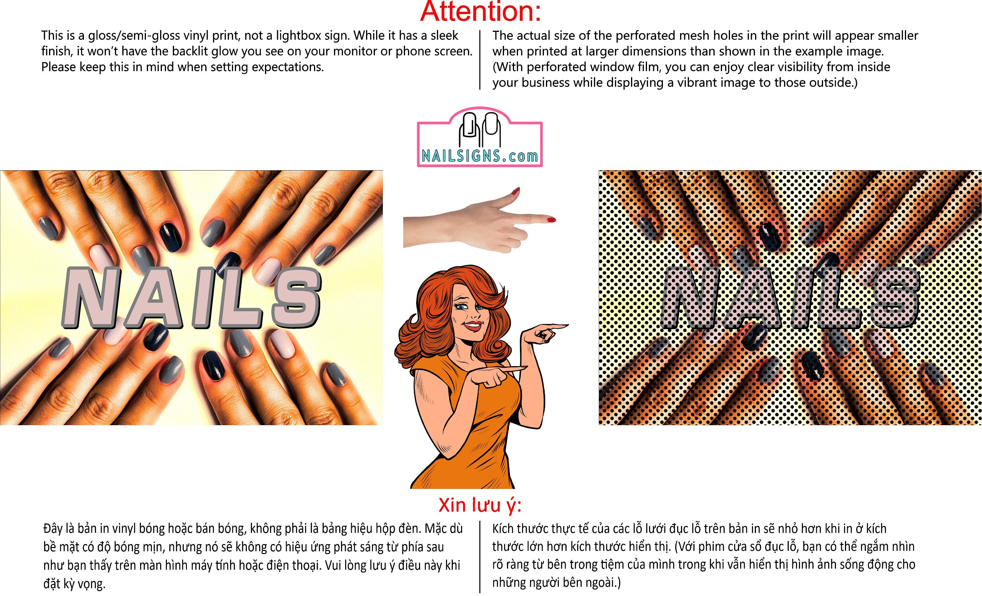 Nails 12 Perforated Mesh One Way Vision See-Through Window Vinyl Salon Sign Horizontal