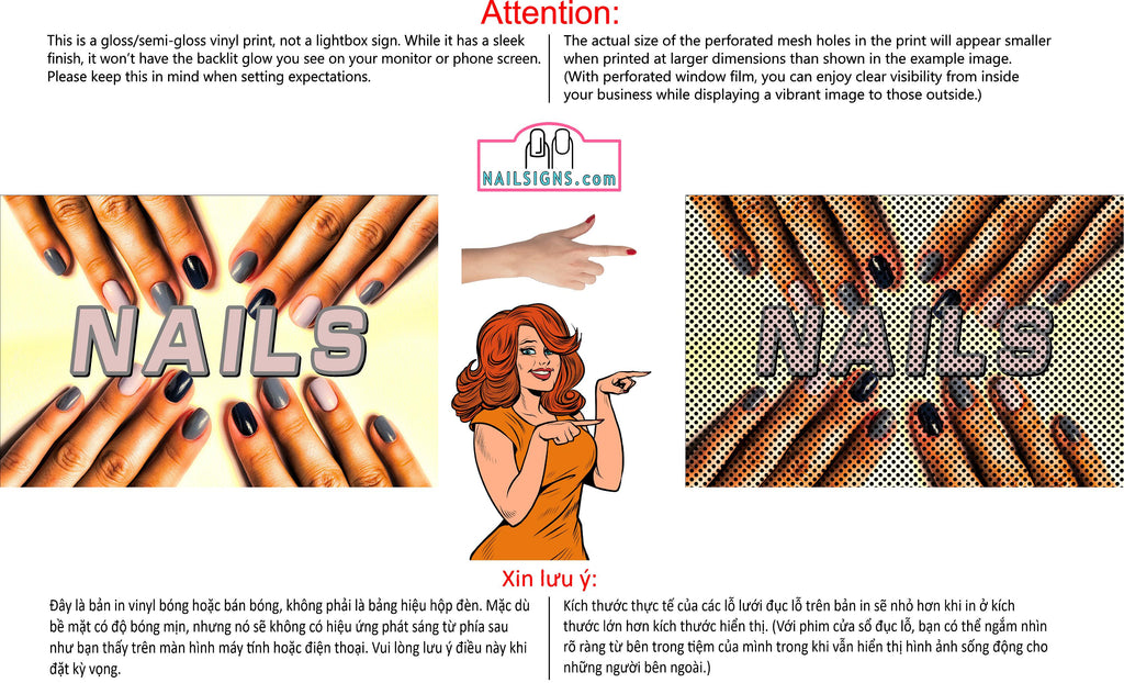 Nails 12 Perforated Mesh One Way Vision See-Through Window Vinyl Salon Sign Horizontal