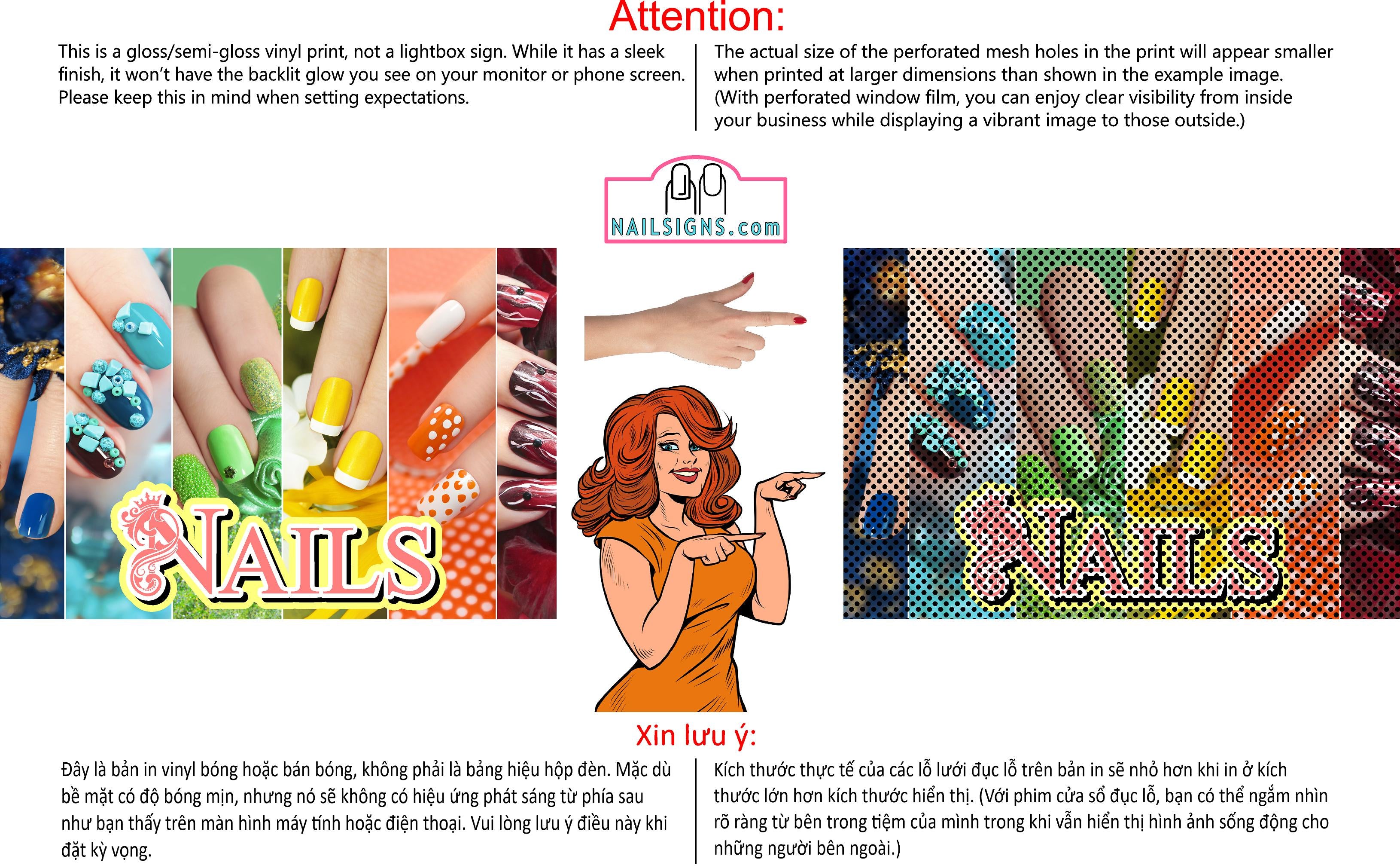 Nails 13 Perforated Mesh One Way Vision Vinyl Nail Salon See-Through Window Sign Horizontal