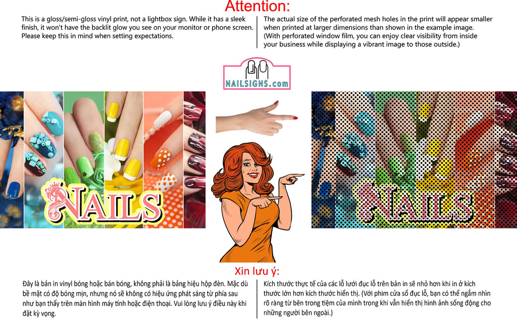 Nails 13 Perforated Mesh One Way Vision Vinyl Nail Salon See-Through Window Sign Horizontal