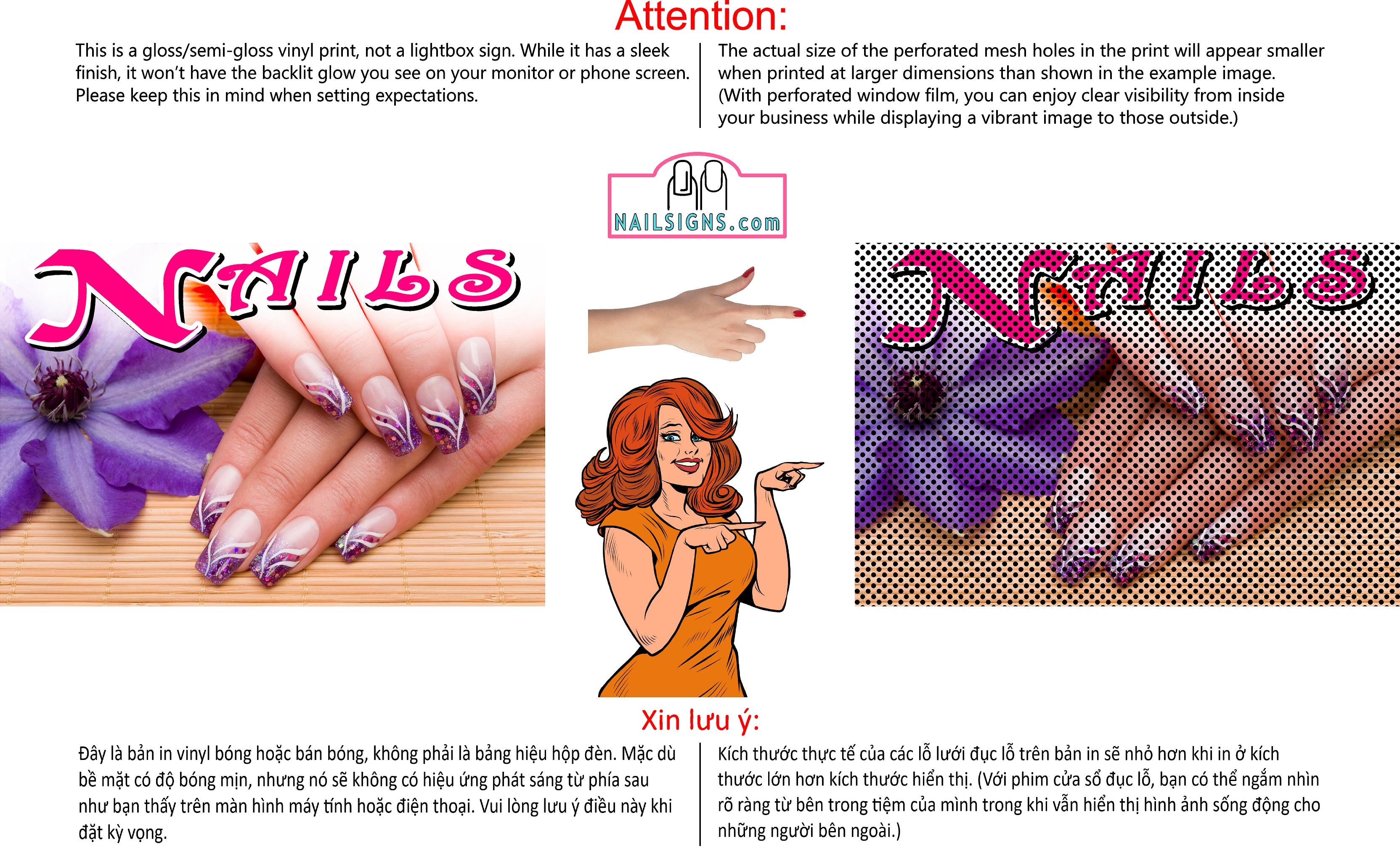 Nails 14 Perforated Mesh One Way Vision See-Through Window Vinyl Salon Sign Horizontal