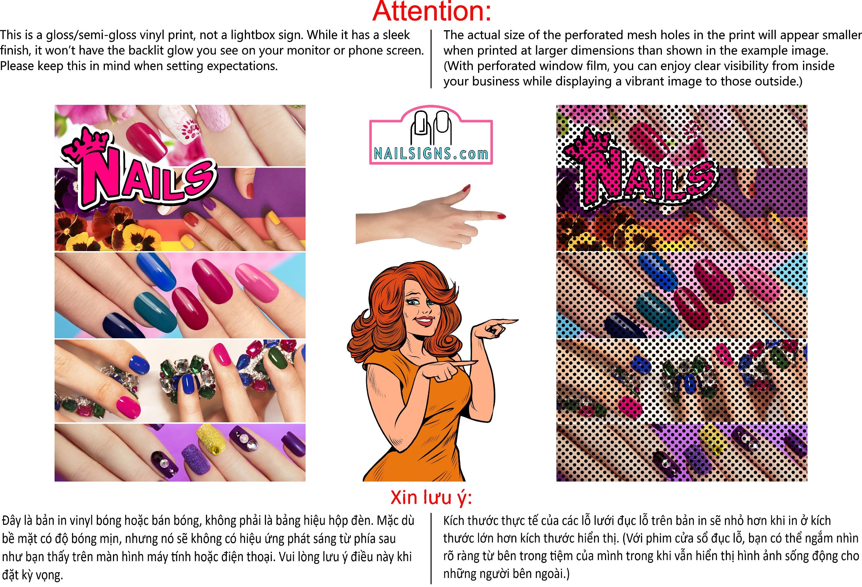 Nails 19 Perforated Mesh One Way Vision See-Through Window Vinyl Salon Sign Vertical