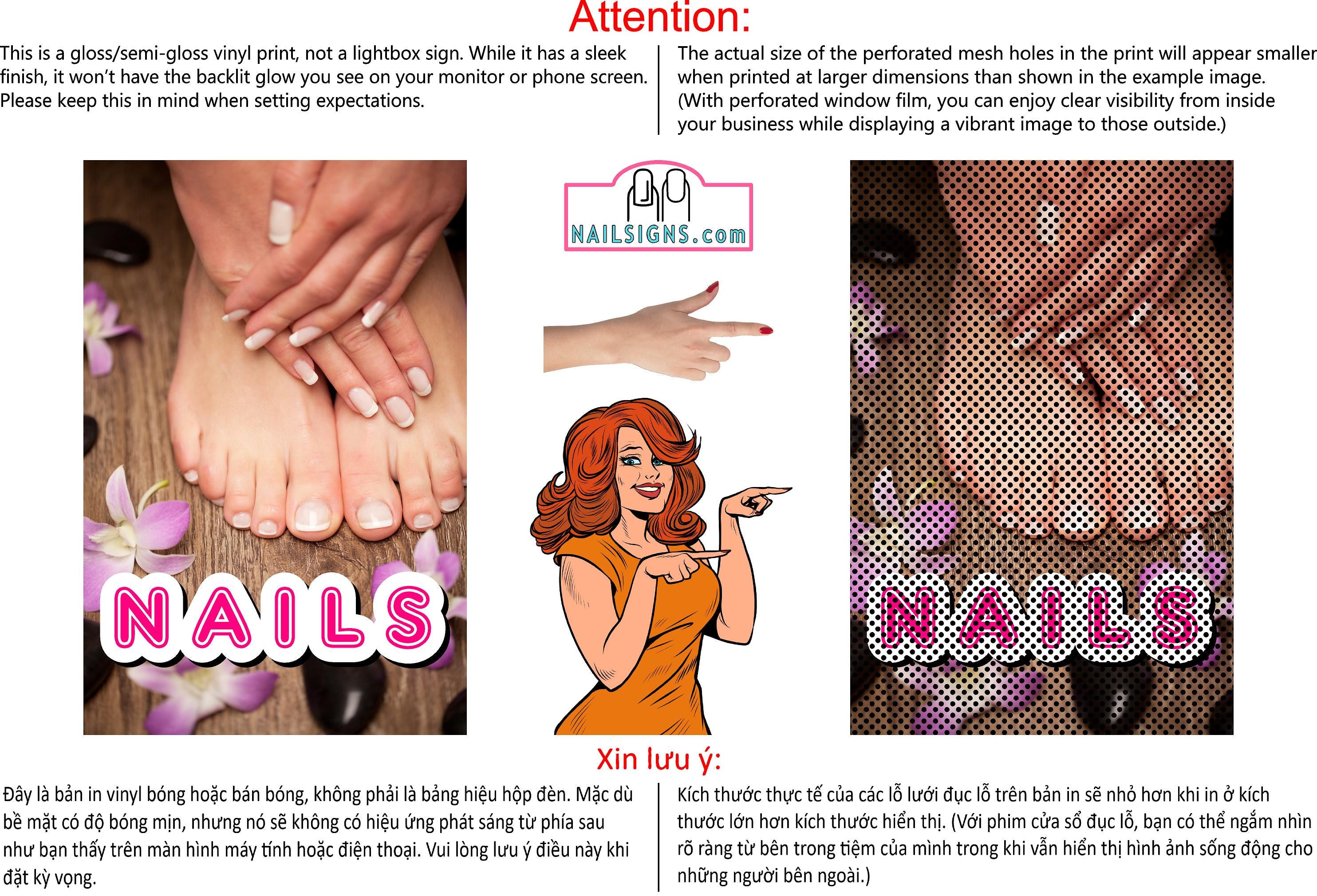 Nails 20 Perforated Mesh One Way Vision See-Through Window Vinyl Salon Sign Vertical