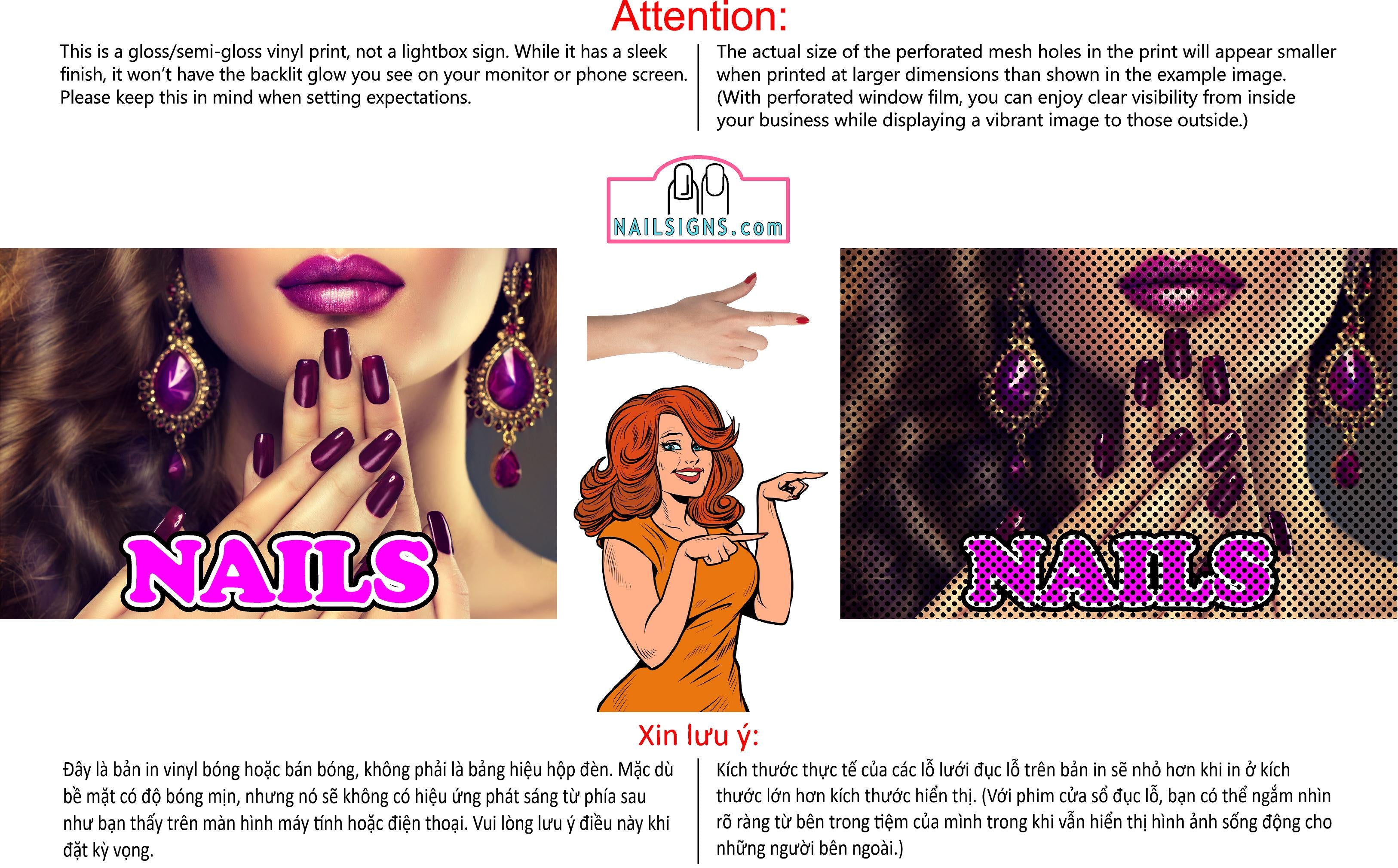 Nails 03 Perforated Mesh One Way Vision See-Through Window Vinyl Salon Sign Horizontal