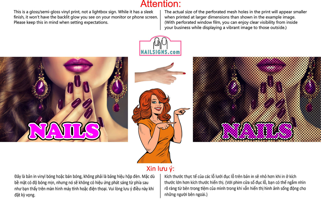 Nails 03 Perforated Mesh One Way Vision See-Through Window Vinyl Salon Sign Horizontal