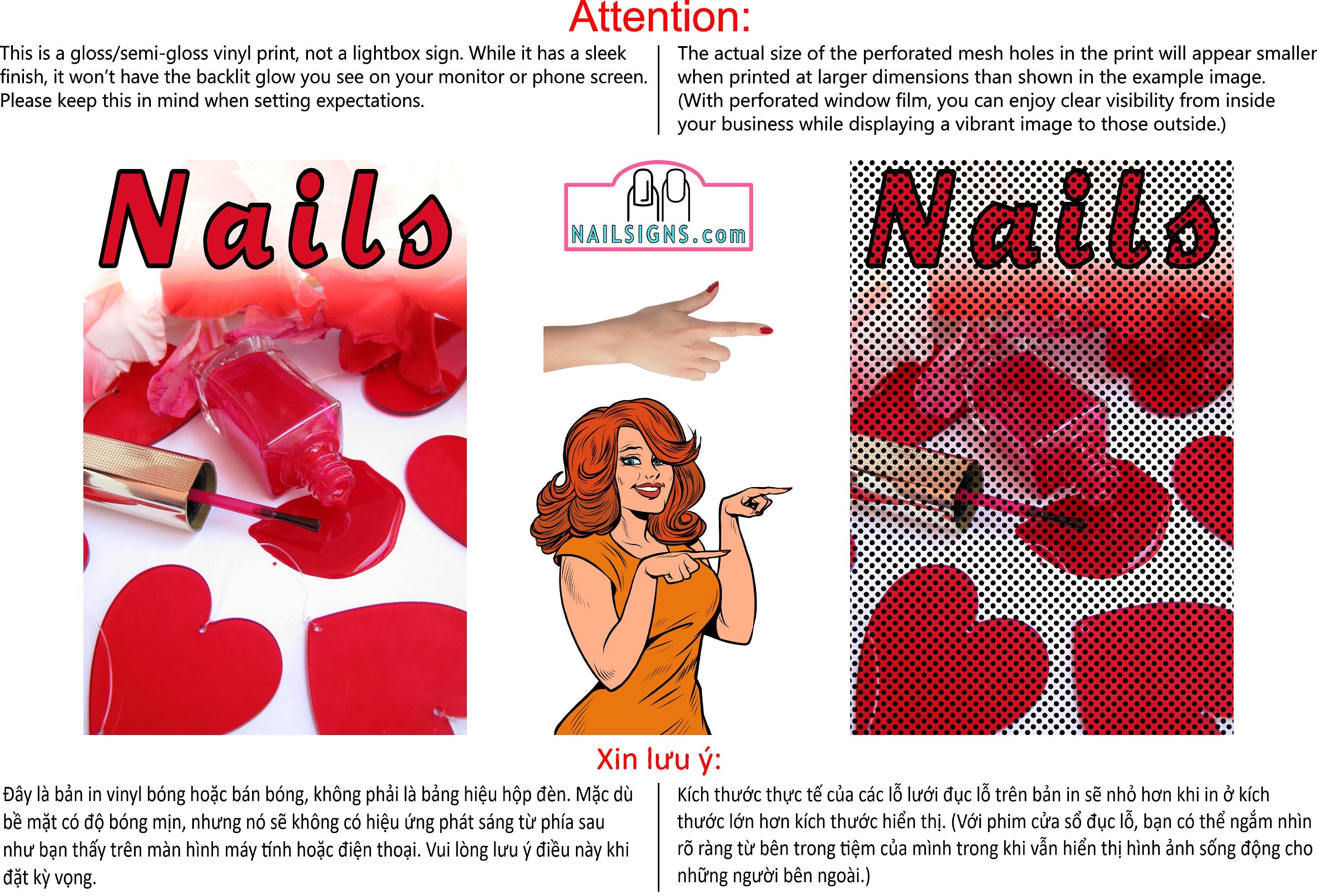 Nails 07 Perforated Mesh One Way Vision See-Through Window Vinyl Salon Sign Vertical