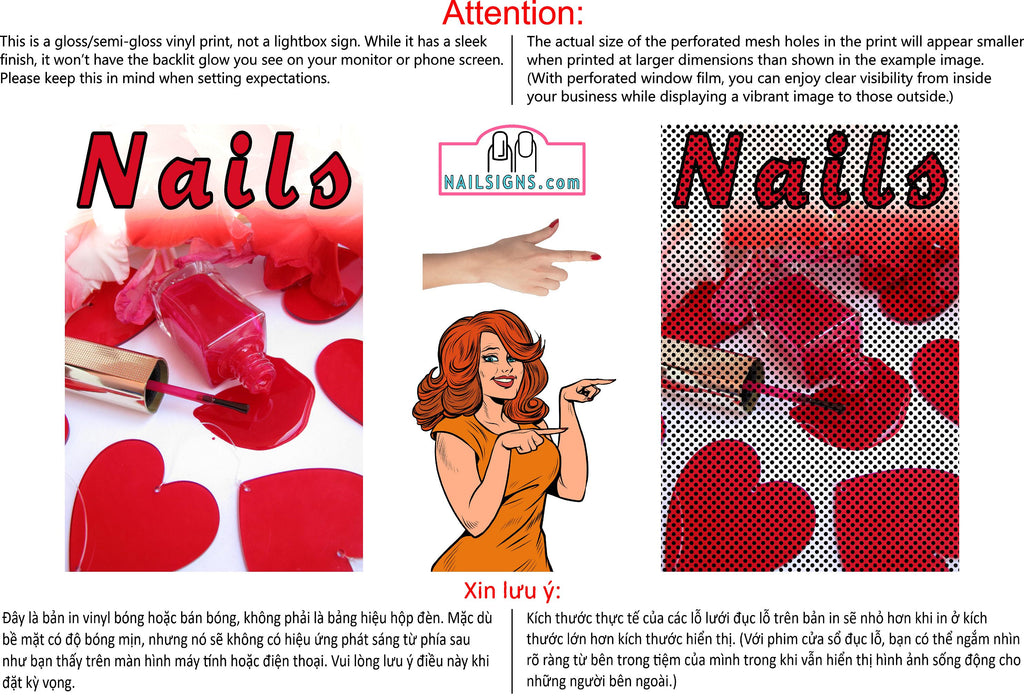 Nails 07 Perforated Mesh One Way Vision See-Through Window Vinyl Salon Sign Vertical