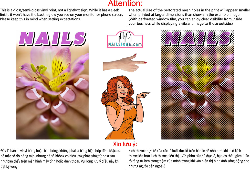 Nails 09 Perforated Mesh One Way Vision See-Through Window Vinyl Salon Sign Vertical