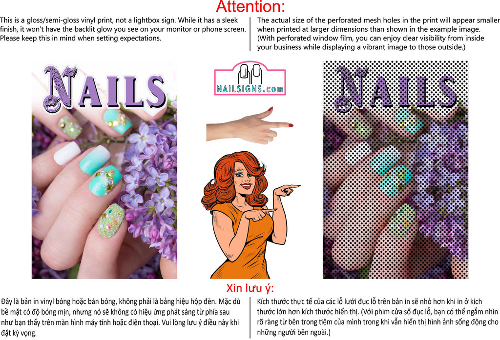 Nails 01 Perforated Mesh One Way Vision See-Through Window Vinyl Salon Sign Vertical