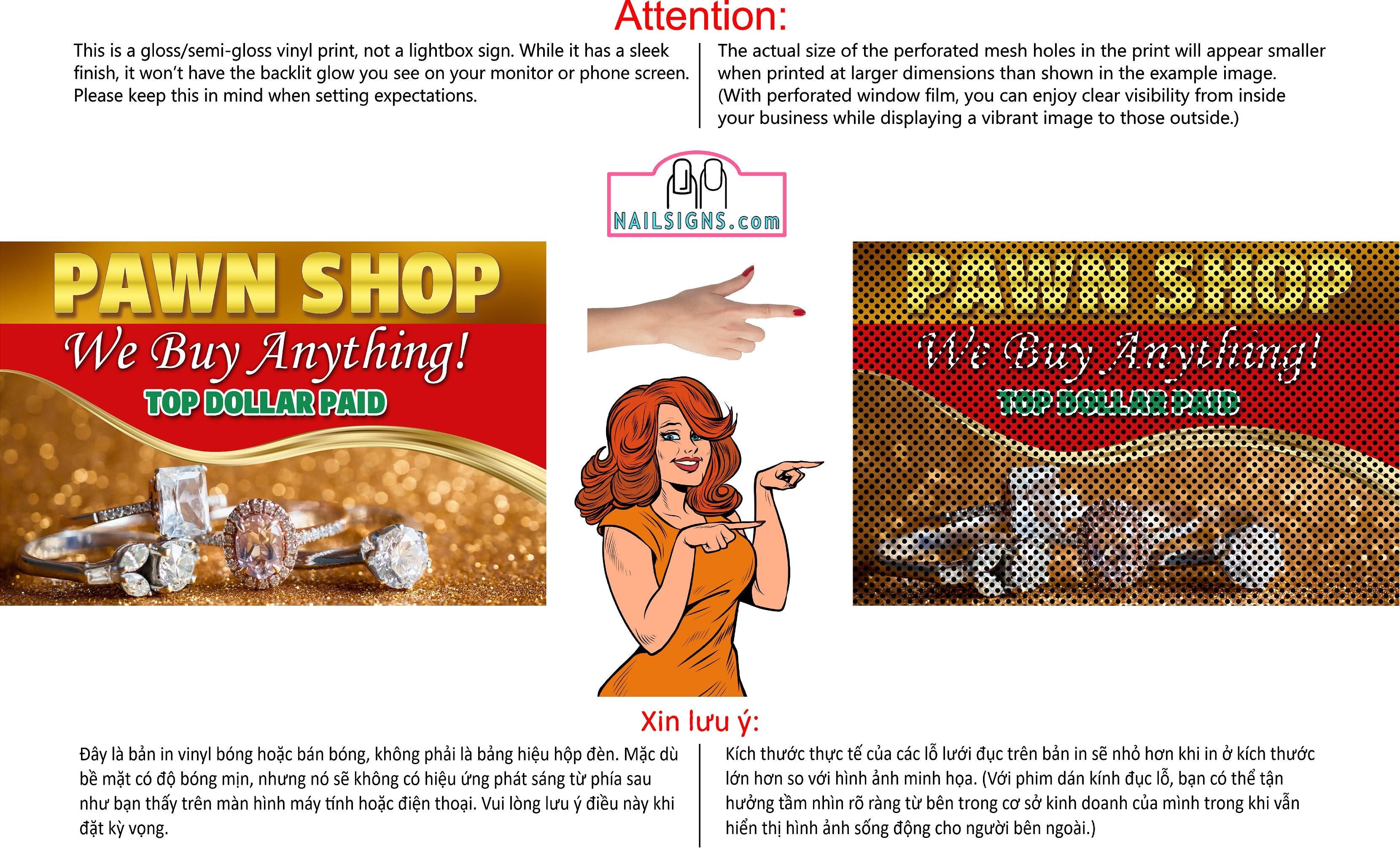 Pawn Shop 09 Perforated Mesh One Way Vision See Through Window Vinyl Buy Gold Silver Jewelry Sign Salon Horizontal