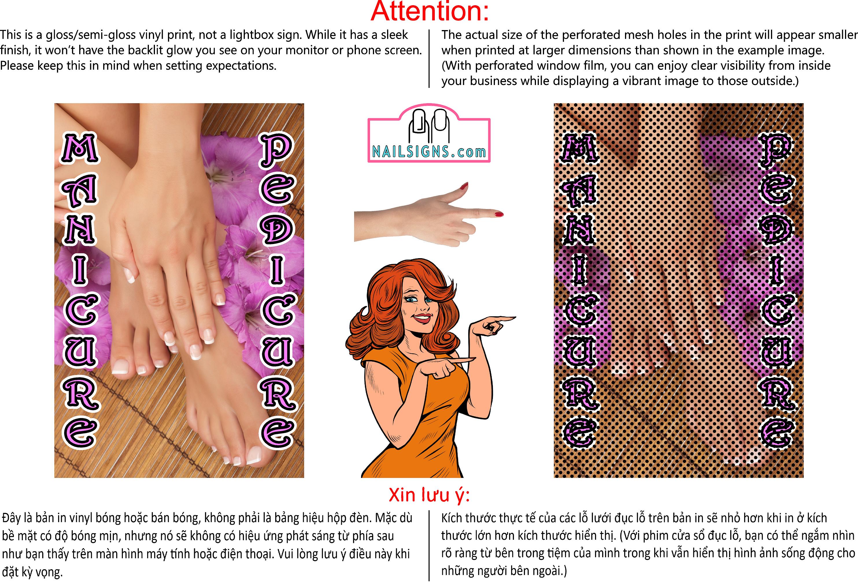 Pedicure & Manicure 10 Perforated Mesh One Way Vision See-Through Window Vinyl Nail Salon Sign Vertical