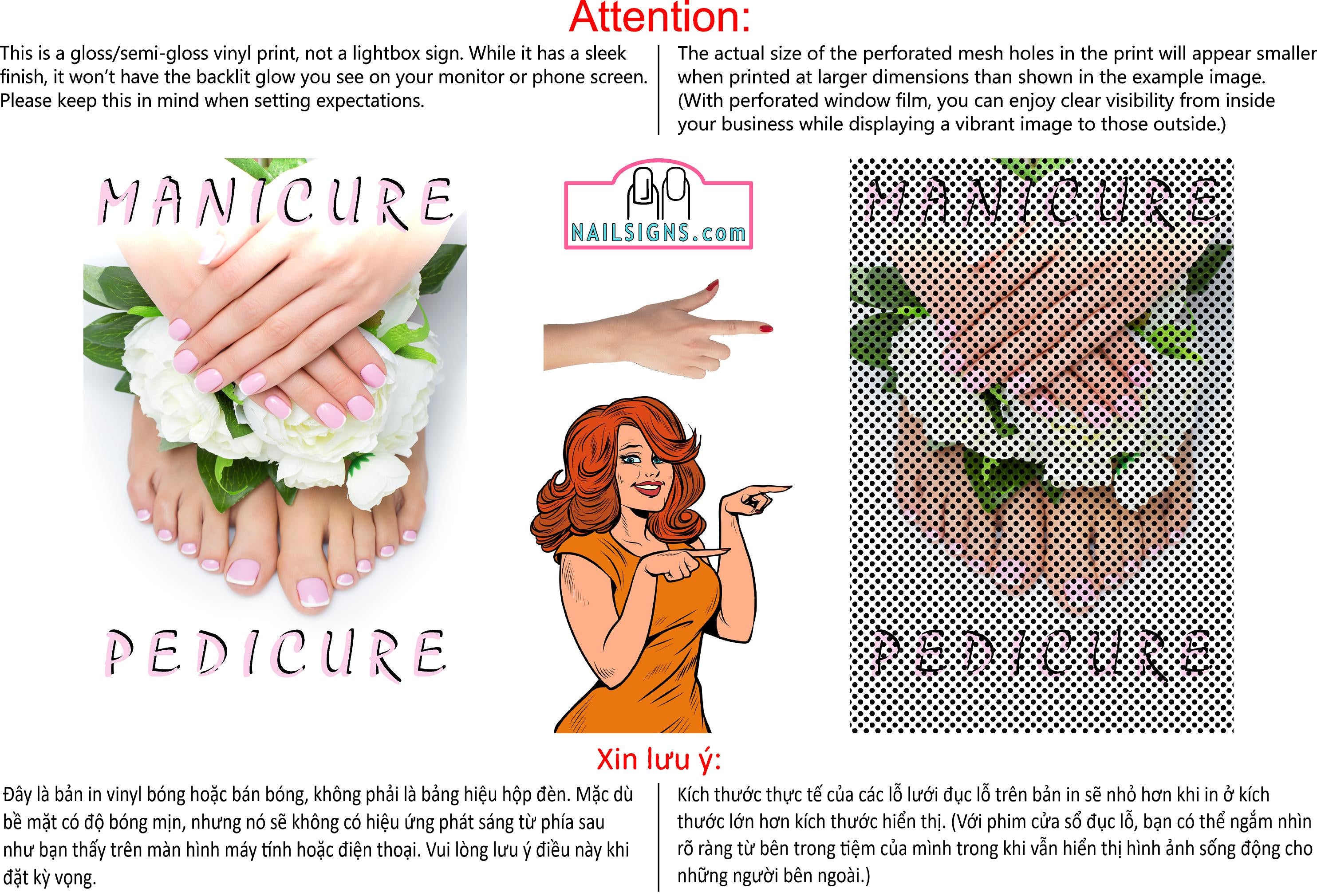Pedicure & Manicure 11 Perforated Mesh One Way Vision See-Through Window Vinyl Nail Salon Sign Vertical