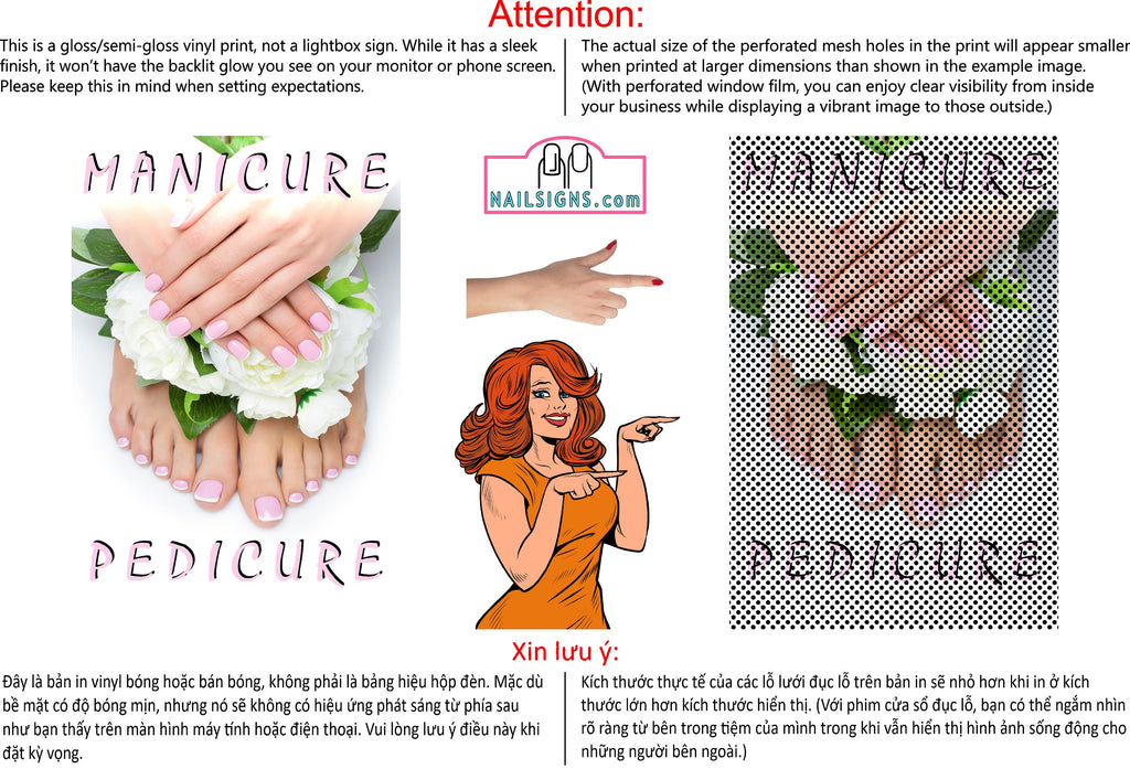 Pedicure & Manicure 11 Perforated Mesh One Way Vision See-Through Window Vinyl Nail Salon Sign Vertical