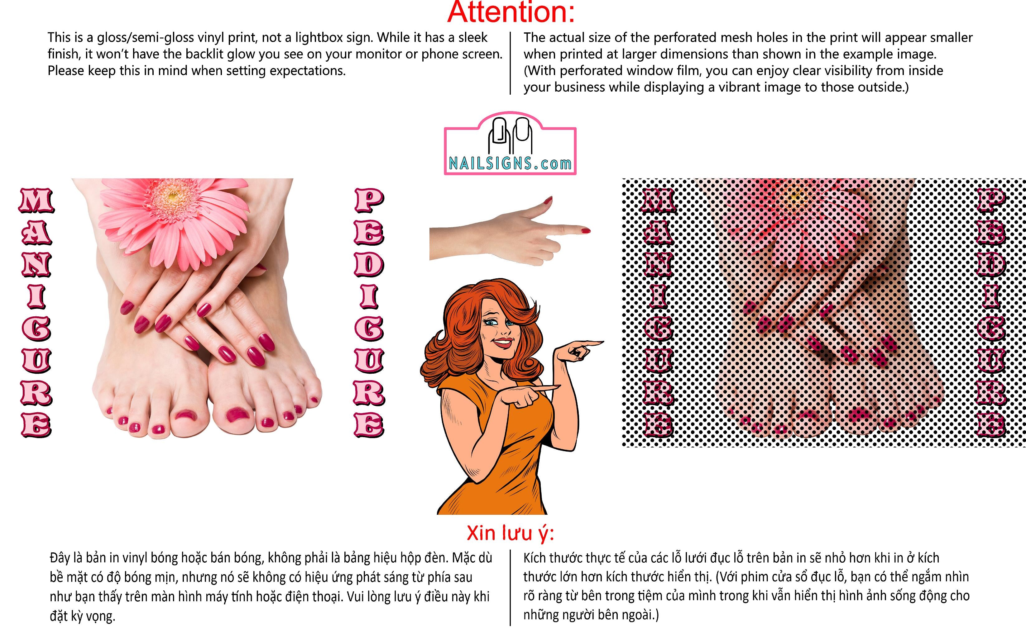 Pedicure & Manicure 12 Perforated Mesh One Way Vision See-Through Window Vinyl Nail Salon Sign Horizontal