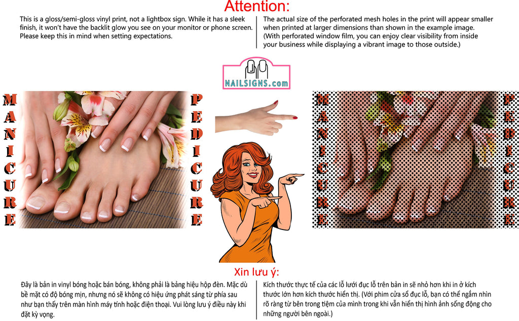 Pedicure & Manicure 13 Perforated Mesh One Way Vision See-Through Window Vinyl Nail Salon Sign Horizontal