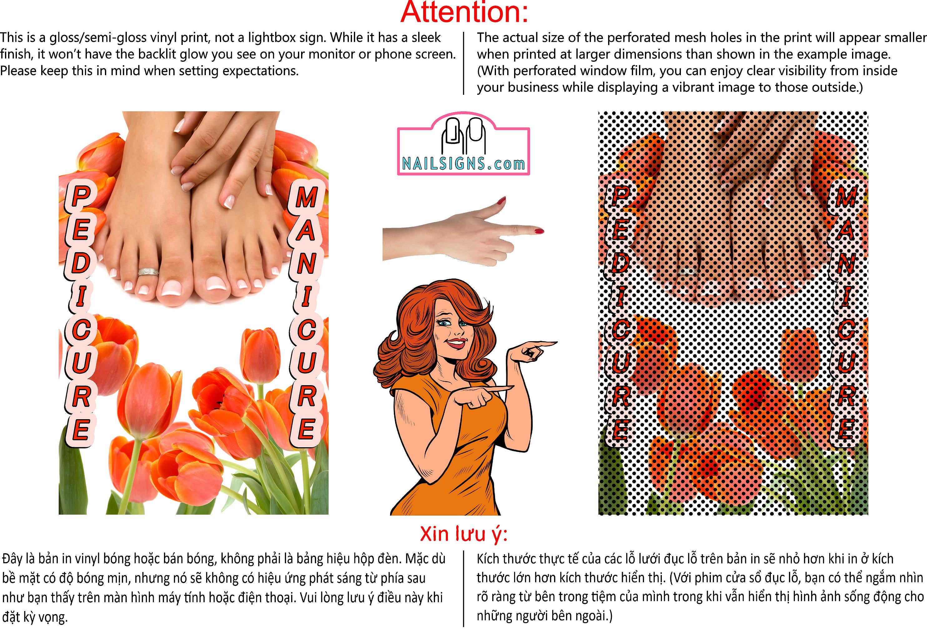 Pedicure & Manicure 16 Perforated Mesh One Way Vision Window Vinyl Nail Salon See Through Sign Vertical