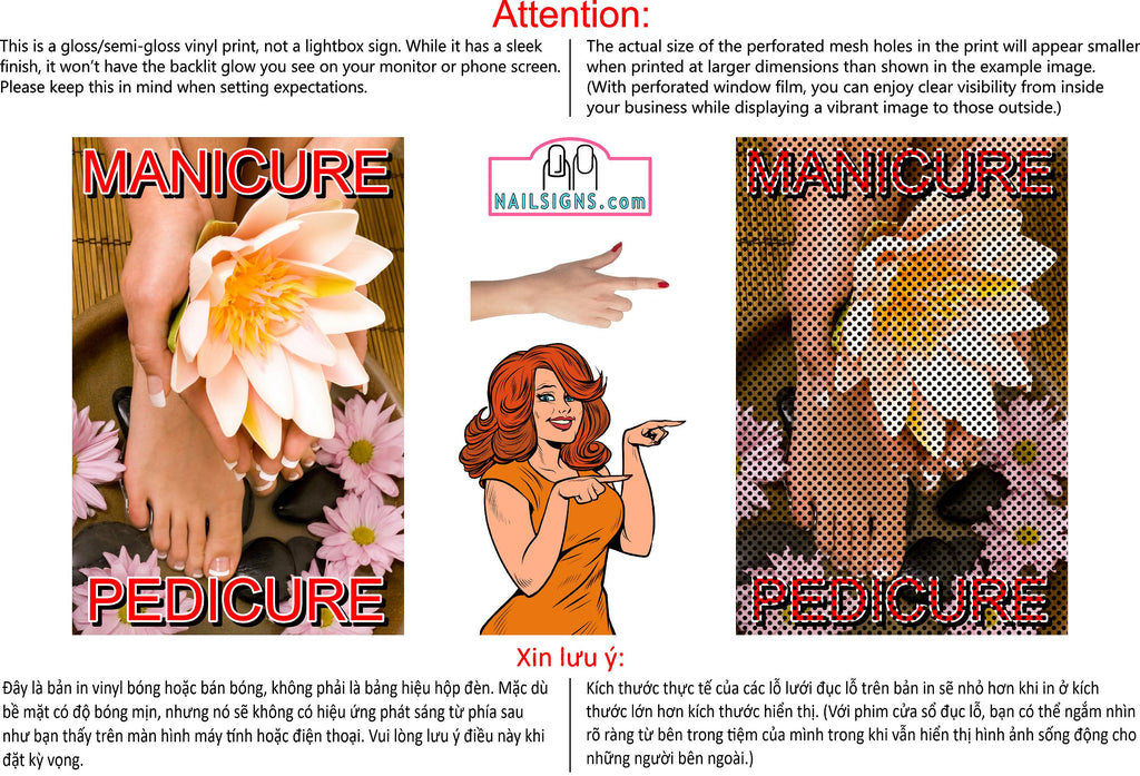 Pedicure & Manicure 17 Perforated Mesh One Way Vision Window Vinyl Nail Salon See Through Sign Vertical