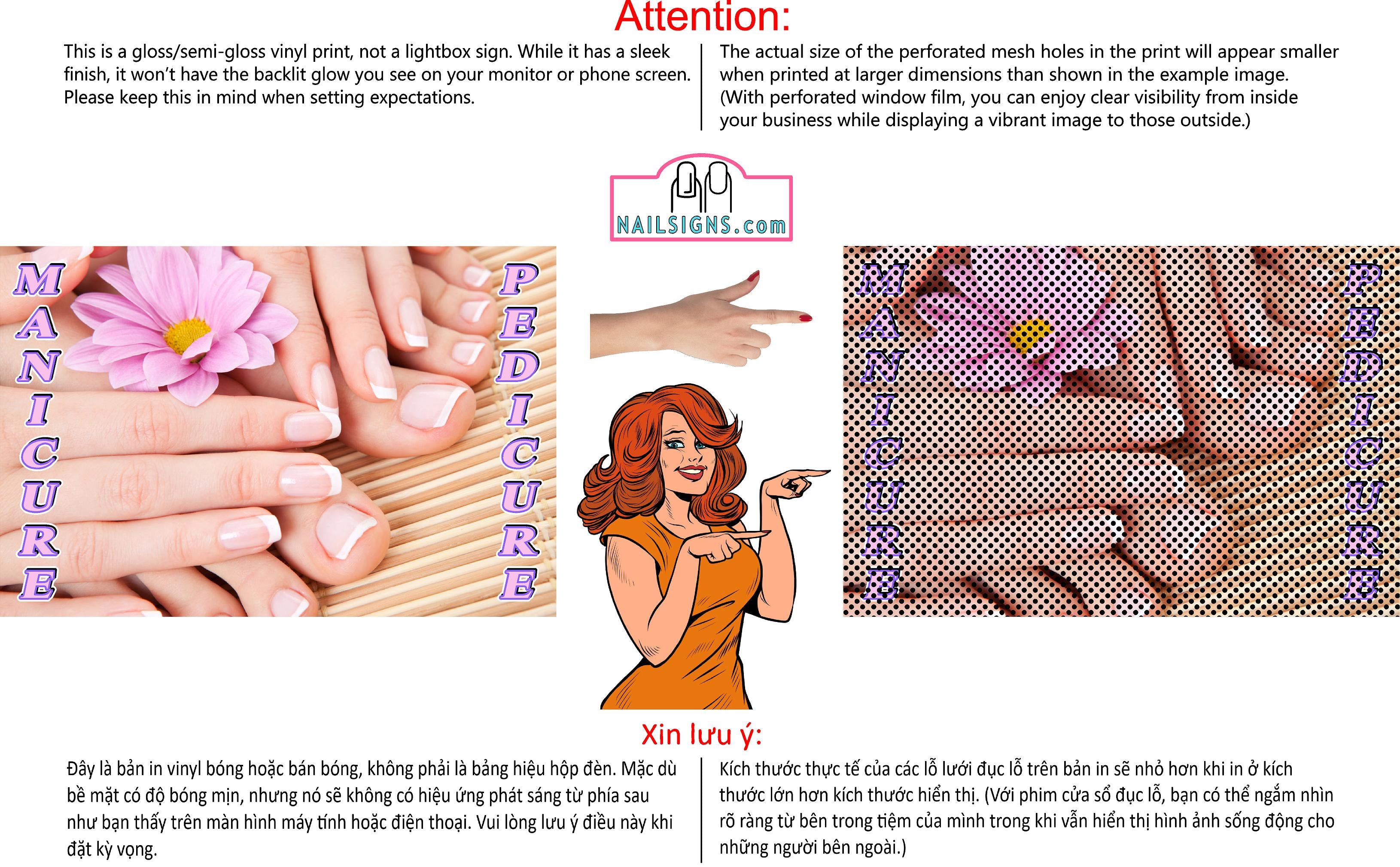 Pedicure & Manicure 20 Perforated Mesh One Way Vision Window Vinyl Nail Salon See Through Sign Horizontal
