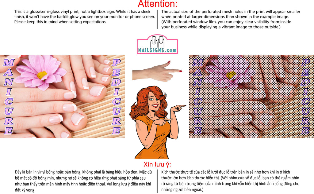 Pedicure & Manicure 20 Perforated Mesh One Way Vision Window Vinyl Nail Salon See Through Sign Horizontal