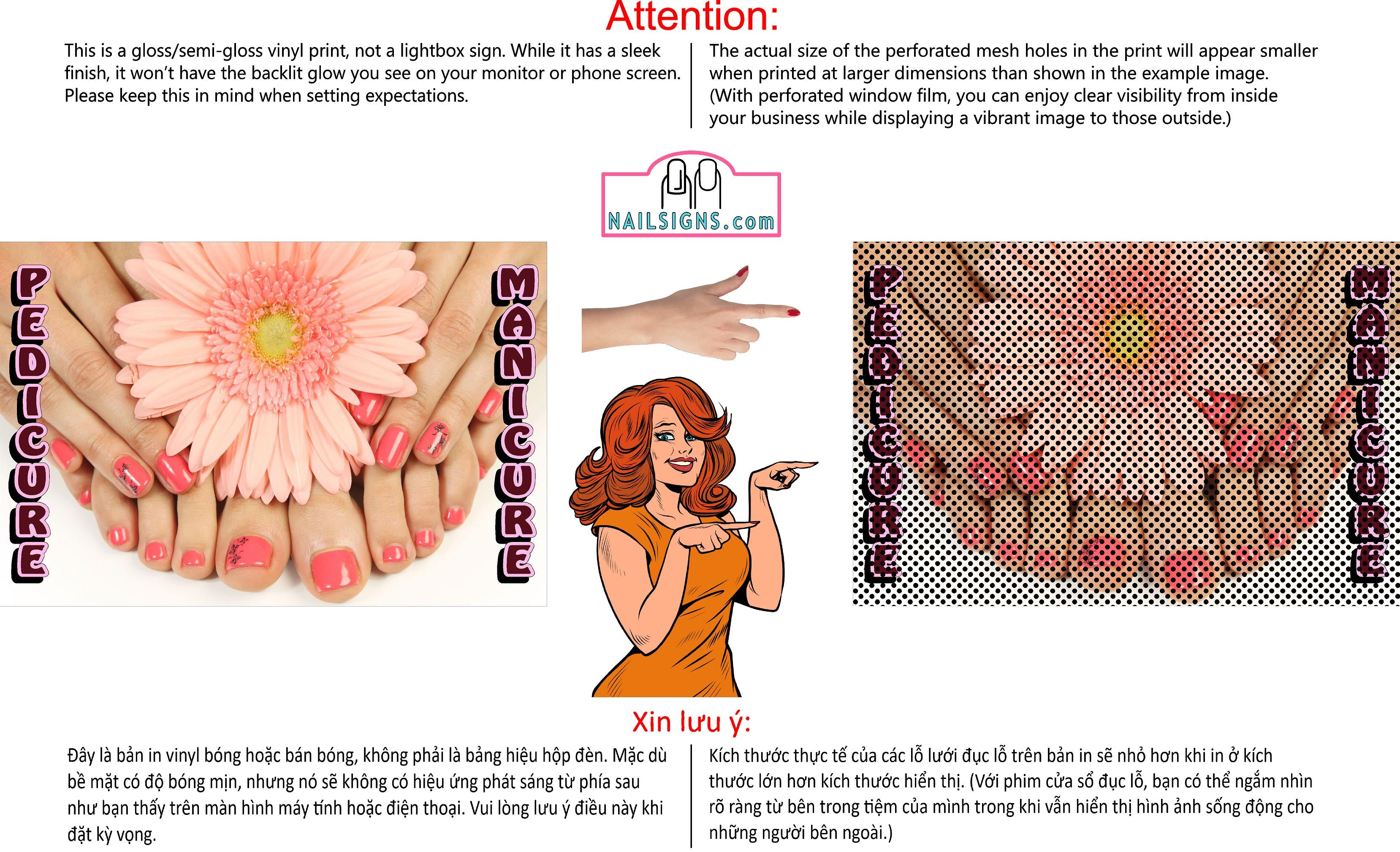 Pedicure & Manicure 04 Perforated Mesh One Way Vision Window Vinyl Nail Salon See-Through Sign Horizontal