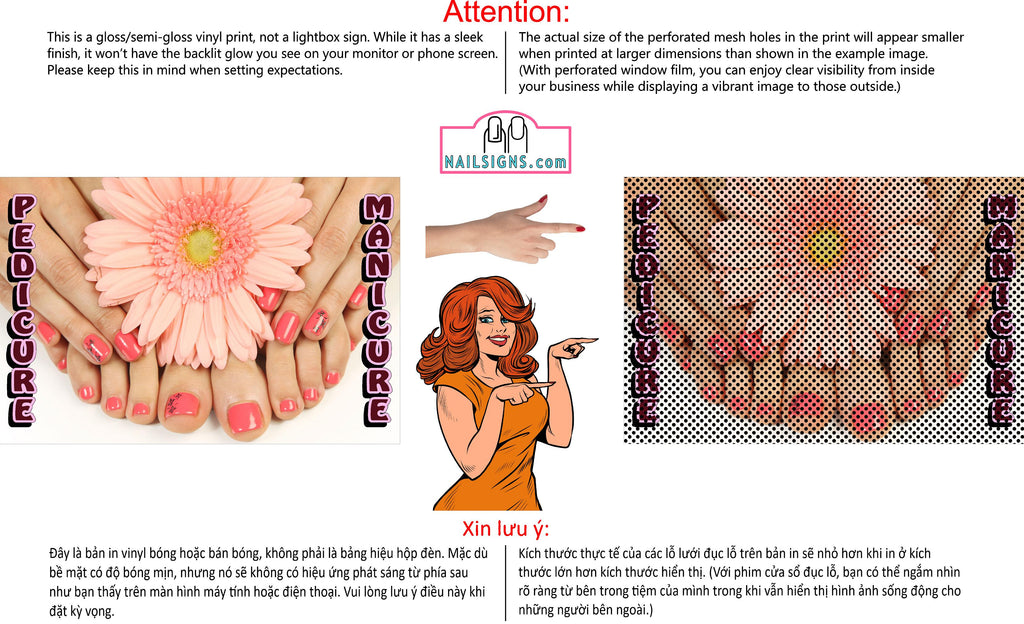 Pedicure & Manicure 04 Perforated Mesh One Way Vision Window Vinyl Nail Salon See-Through Sign Horizontal