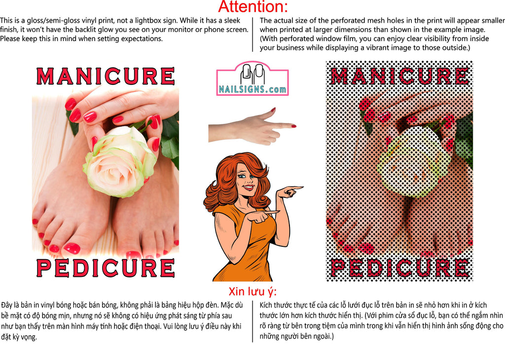 Pedicure & Manicure 08 Perforated Mesh One Way Vision See-Through Window Vinyl Nail Salon Sign Vertical