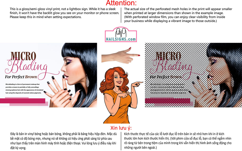 Permanent 10 Perforated Mesh One Way Vision See-Through Window Vinyl Makeup Eyebrows Lips Salon Sign Microblading Horizontal