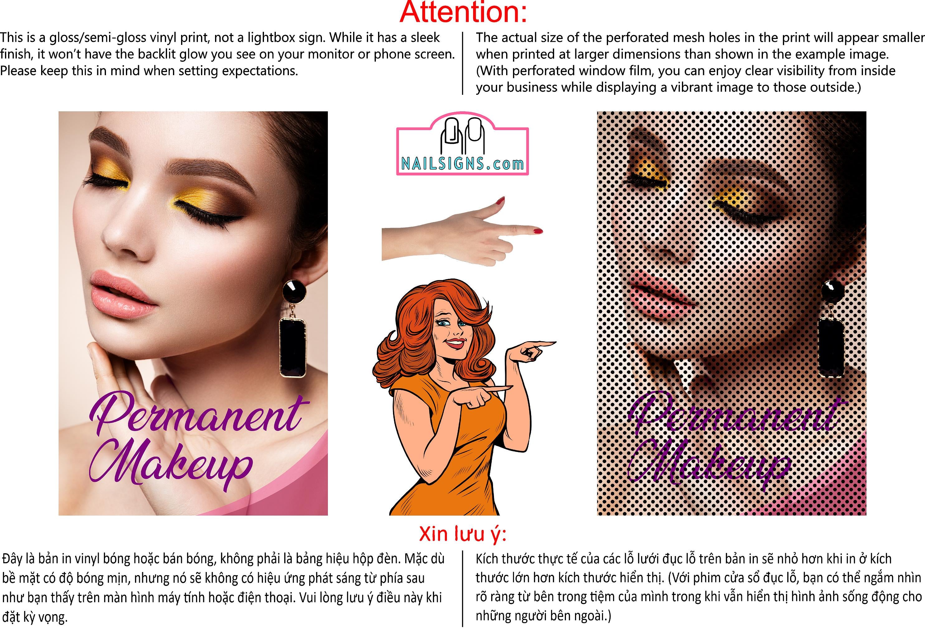 Permanent 14 Perforated Mesh One Way Vision See-Through Window Vinyl Makeup Eyebrows Lips Salon Sign Microblading Vertical