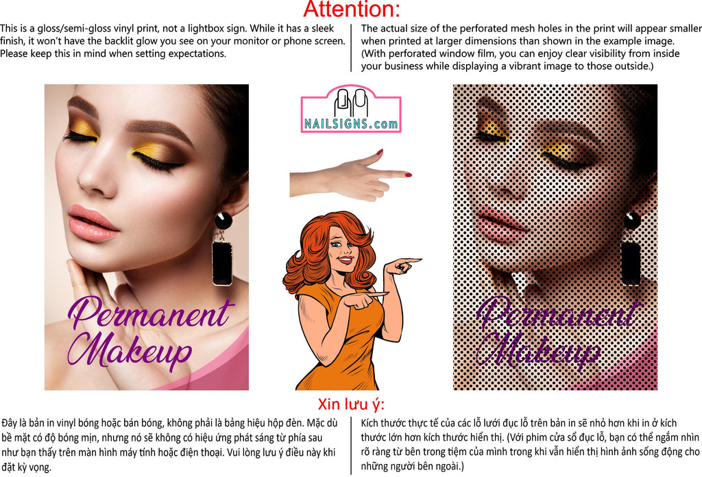 Permanent 14 Perforated Mesh One Way Vision See-Through Window Vinyl Makeup Eyebrows Lips Salon Sign Microblading Vertical