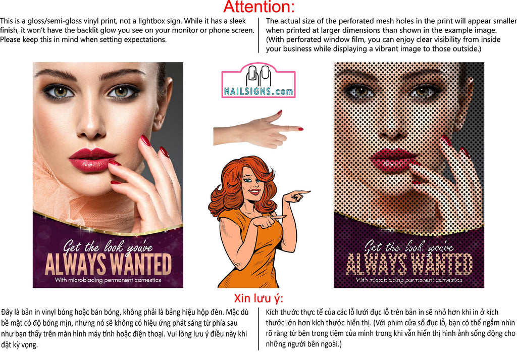 Permanent 16 Perforated Mesh One Way Vision See-Through Window Vinyl Makeup Eyebrows Lips Salon Sign Microblading Vertical
