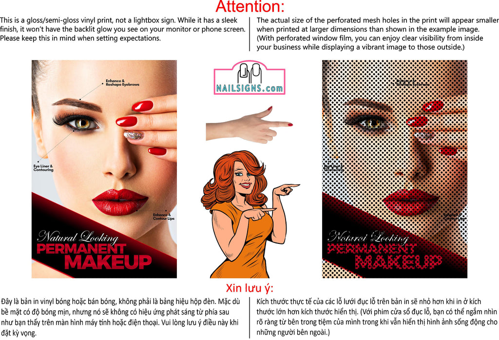 Permanent 18 Perforated Mesh One Way Vision See-Through Window Vinyl Makeup Eyebrows Lips Salon Sign Microblading Vertical