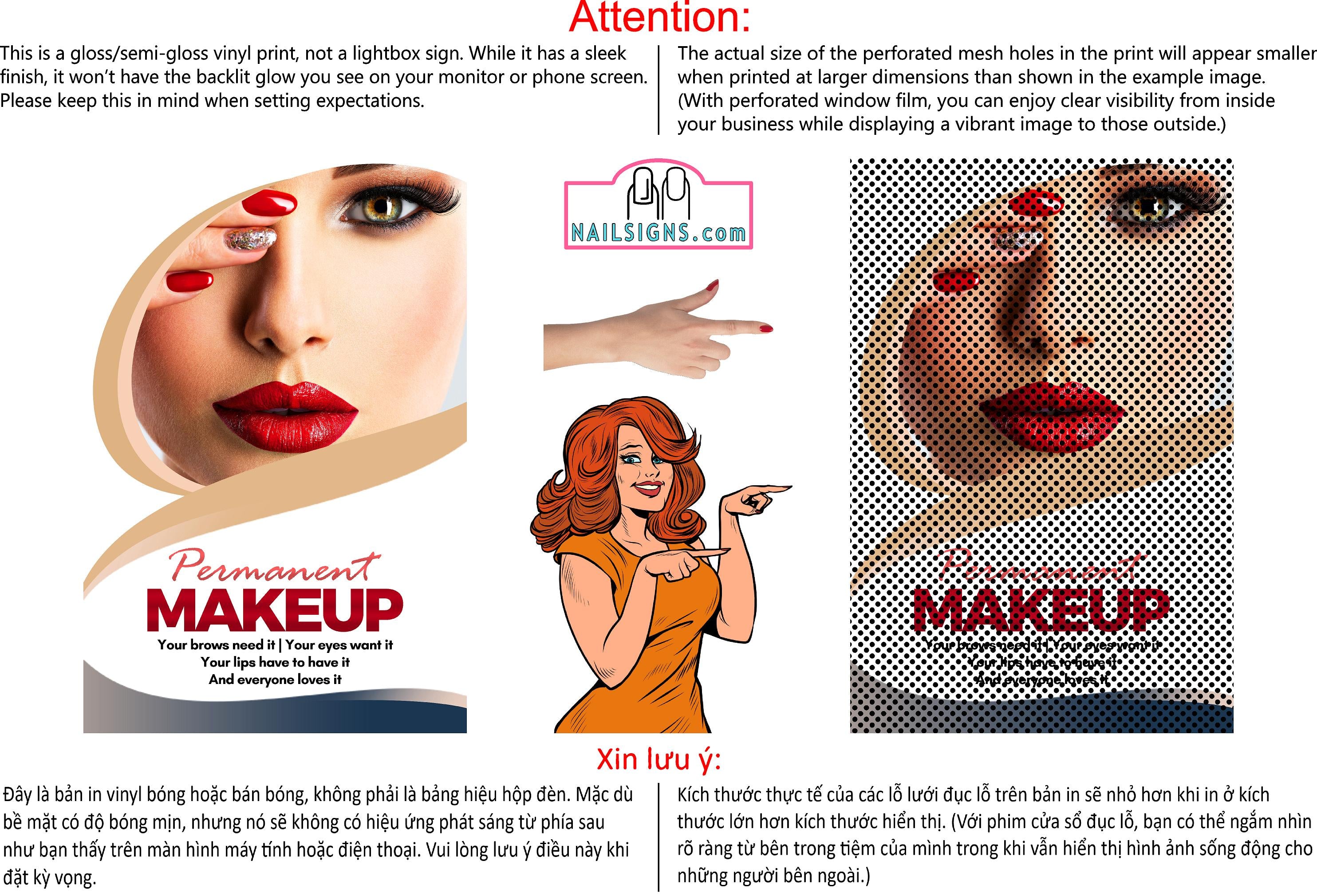 Permanent 22 Perforated Mesh One Way Vision See-Through Window Vinyl Makeup Eyebrows Lips Salon Sign Microblading Vertical