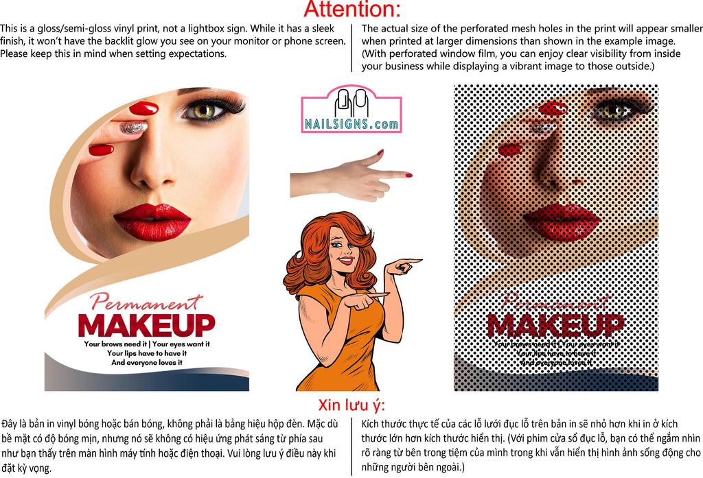 Permanent 22 Perforated Mesh One Way Vision See-Through Window Vinyl Makeup Eyebrows Lips Salon Sign Microblading Vertical