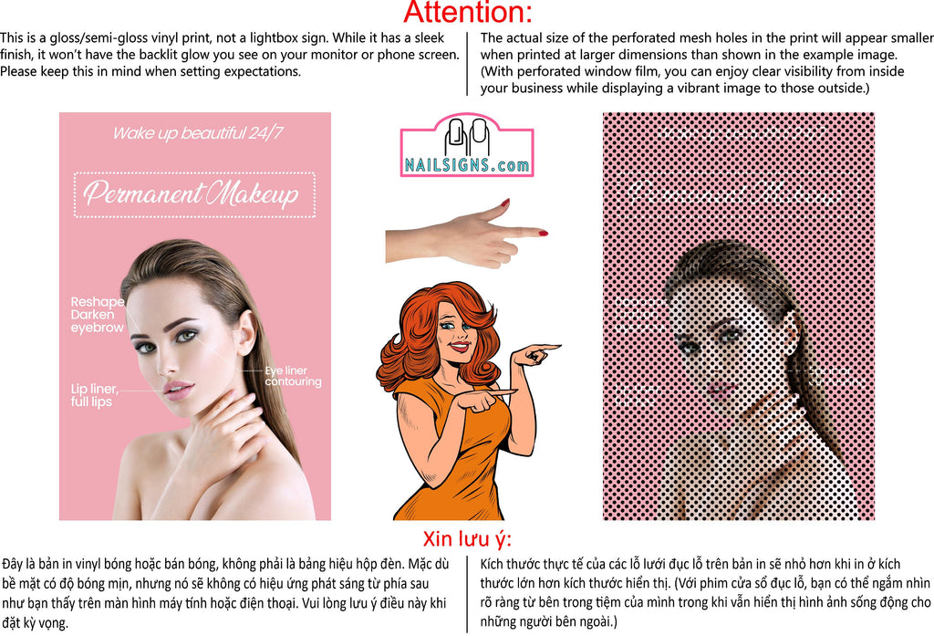Permanent 26 Perforated Mesh One Way Vision See-Through Window Vinyl Makeup Eyebrows Lips Salon Sign Microblading Vertical