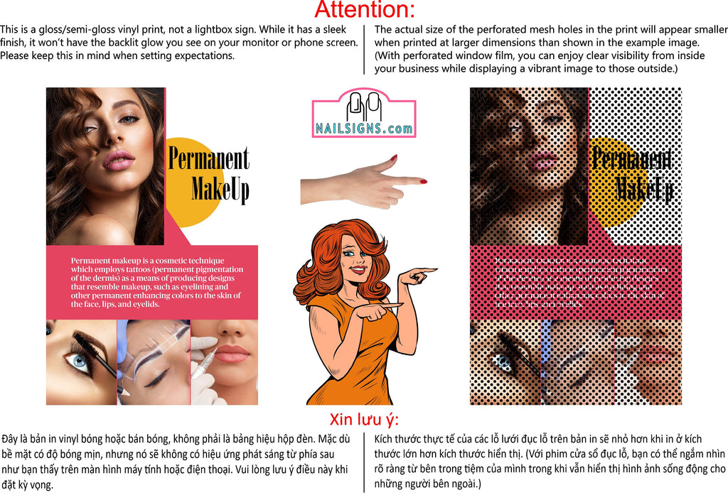 Permanent 27 Perforated Mesh One Way Vision See-Through Window Vinyl Makeup Eyebrows Lips Salon Sign Microblading Vertical