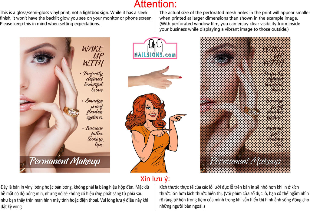 Permanent 02 Perforated Mesh One Way Vision See-Through Window Vinyl Makeup Eyebrows Lips Salon Sign Microblading  Vertical