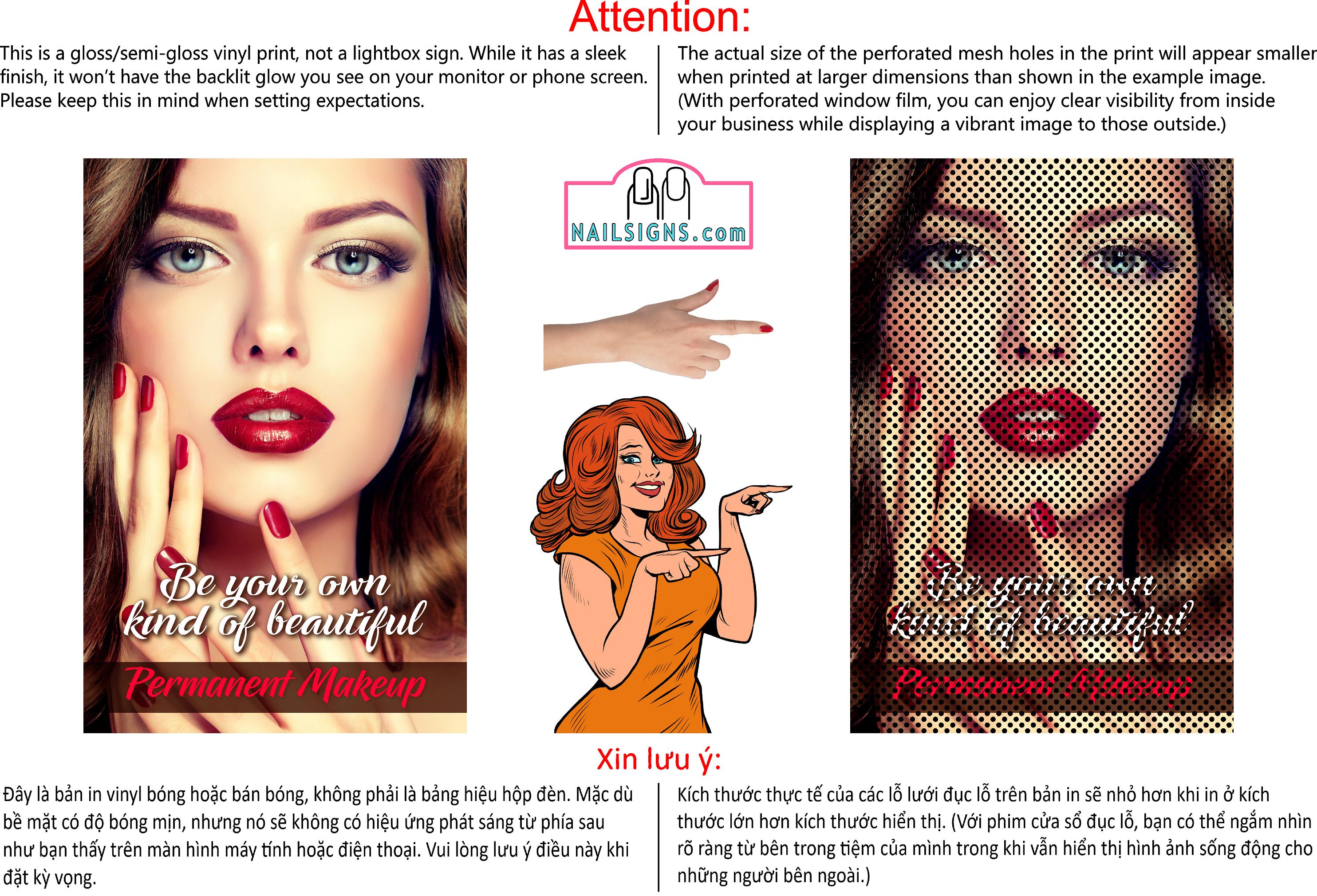 Permanent 03 Perforated Mesh One Way Vision See-Through Window Vinyl Makeup Eyebrows Lips Salon Sign Microblading Vertical